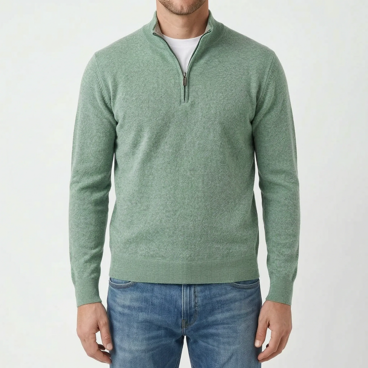Men's blue quarter zip knit jumper with stand collar and long sleeves