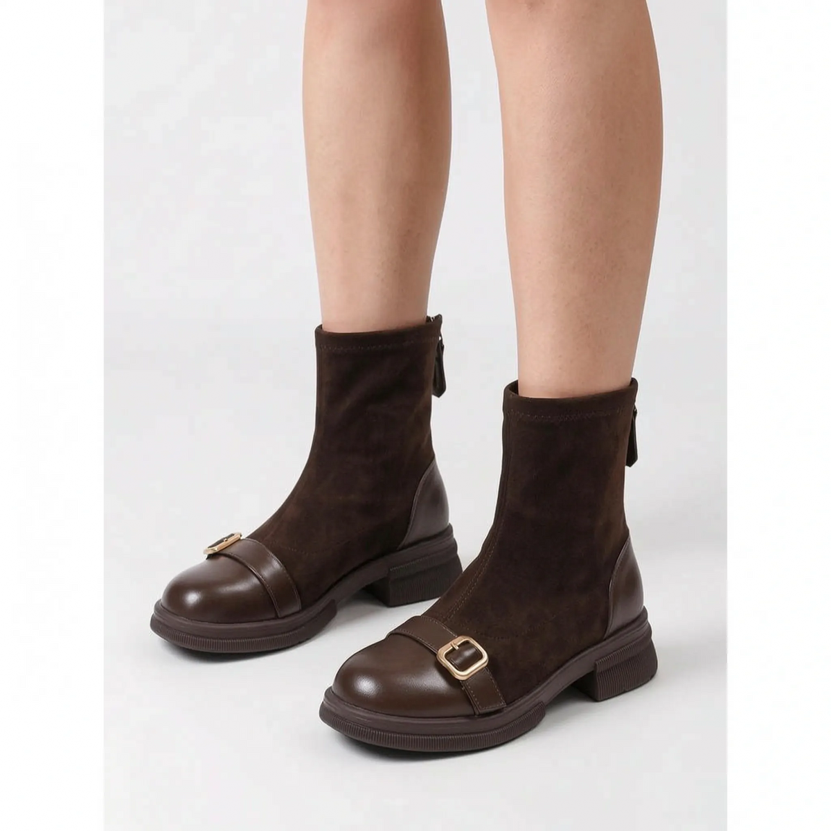 Women's flat ankle boots with round toes, buckle straps and rear zips