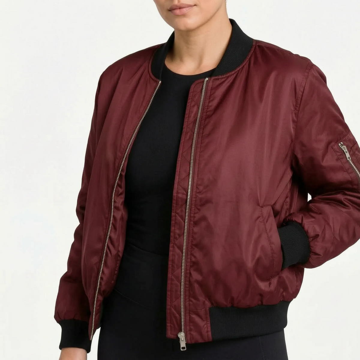Women's bomber jacket with ribbed trims, zip front and sleeve pocket