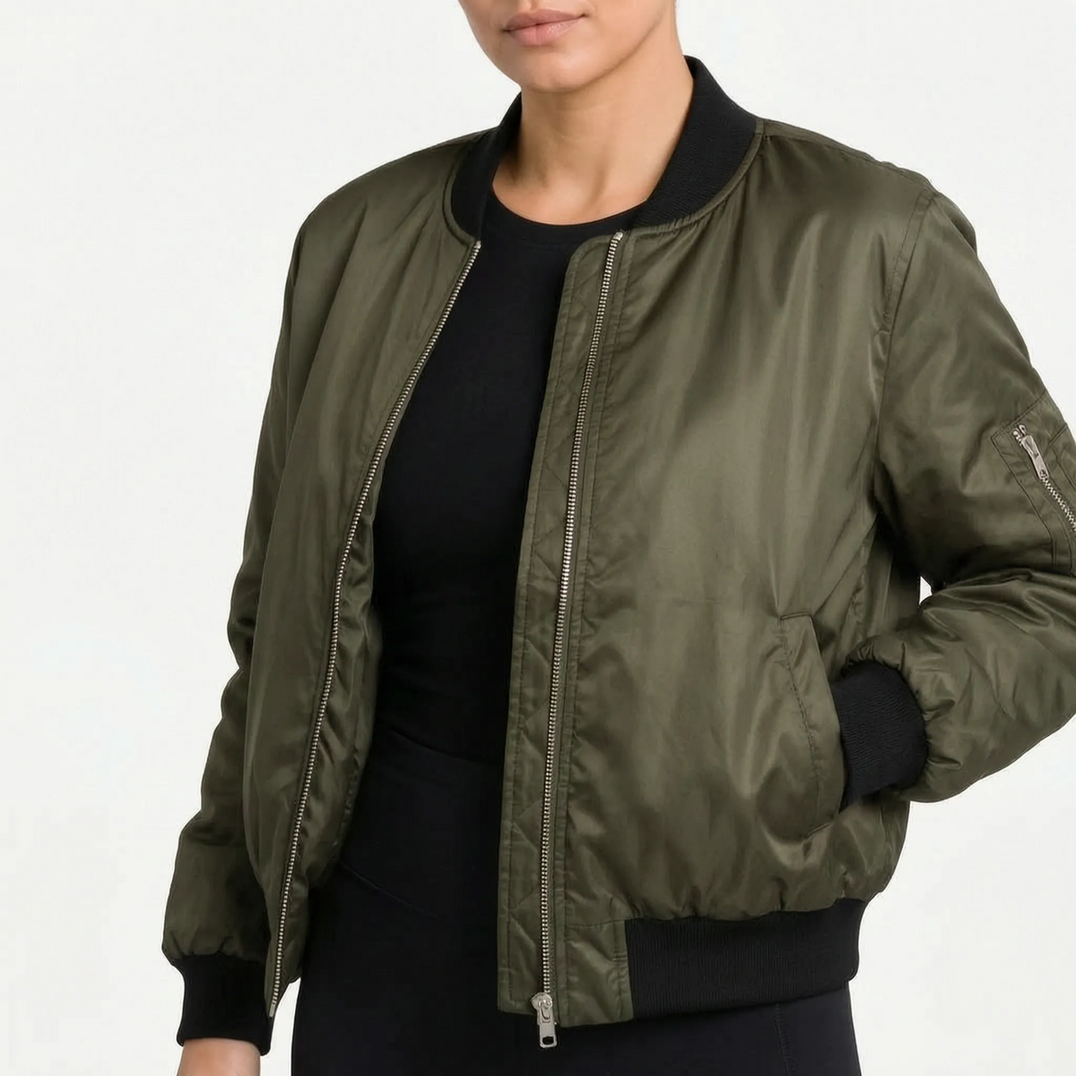 Women's bomber jacket with ribbed trims, zip front and sleeve pocket