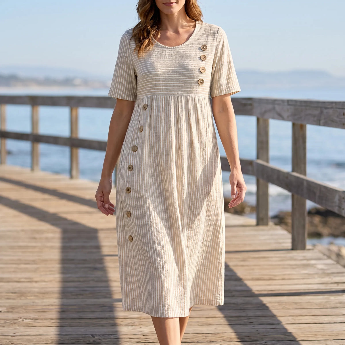 Zomara  - Short Sleeve Striped Midi Dress Summer Holidays