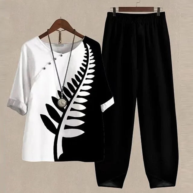 Women's patterned short-sleeve top and long trousers two-piece set