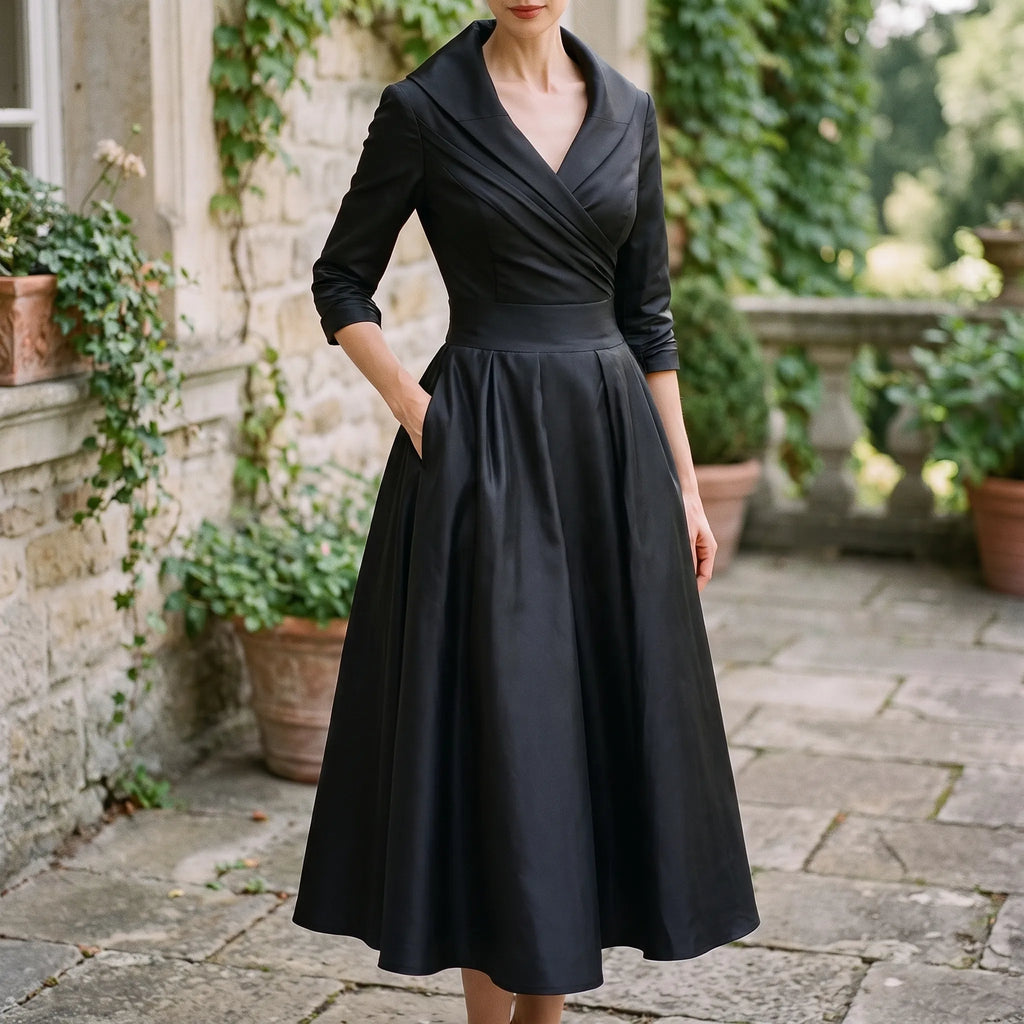 Women's wrap midi dress with V-neck collar, three-quarter sleeves and full pleated skirt