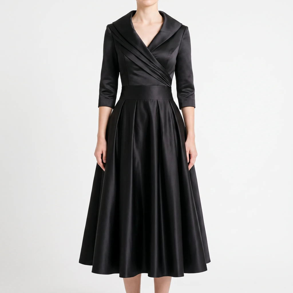 Women's wrap midi dress with V-neck collar, three-quarter sleeves and full pleated skirt
