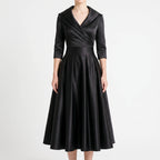 Women's wrap midi dress with V-neck collar, three-quarter sleeves and full pleated skirt