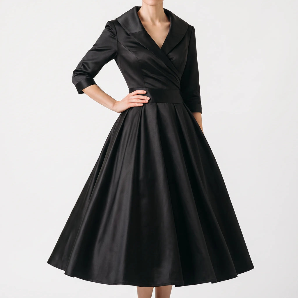 Women's wrap midi dress with V-neck collar, three-quarter sleeves and full pleated skirt
