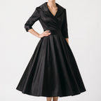 Women's wrap midi dress with V-neck collar, three-quarter sleeves and full pleated skirt