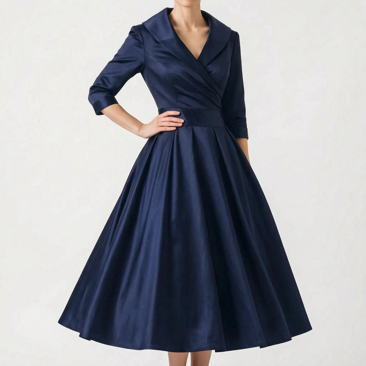 Women's wrap midi dress with V-neck collar, three-quarter sleeves and full pleated skirt