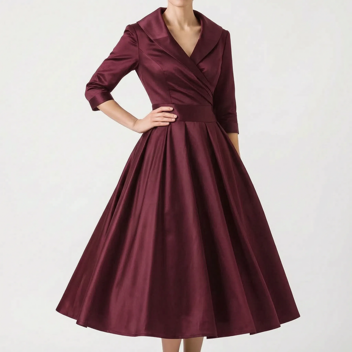 Women's wrap midi dress with V-neck collar, three-quarter sleeves and full pleated skirt