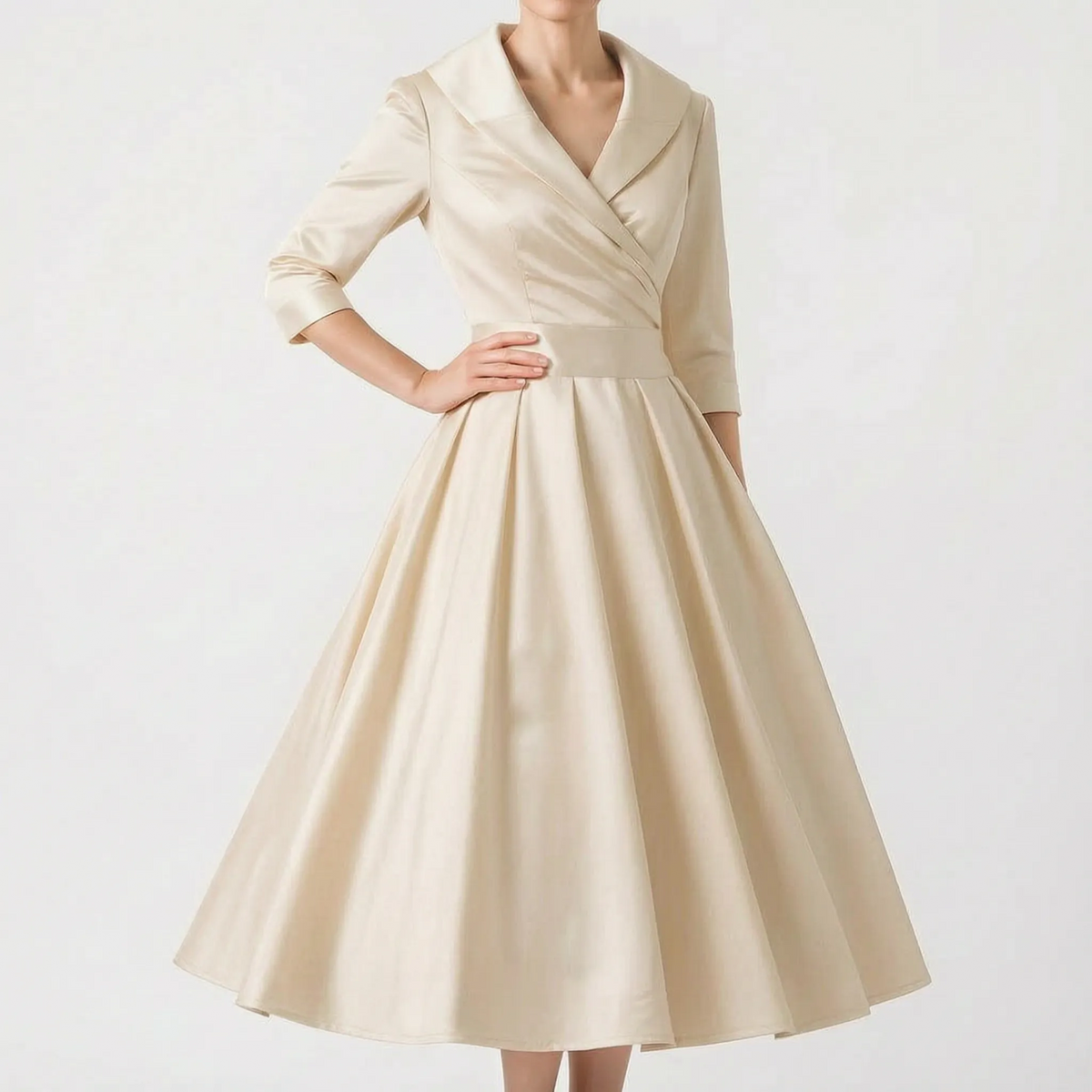 Women's wrap midi dress with V-neck collar, three-quarter sleeves and full pleated skirt