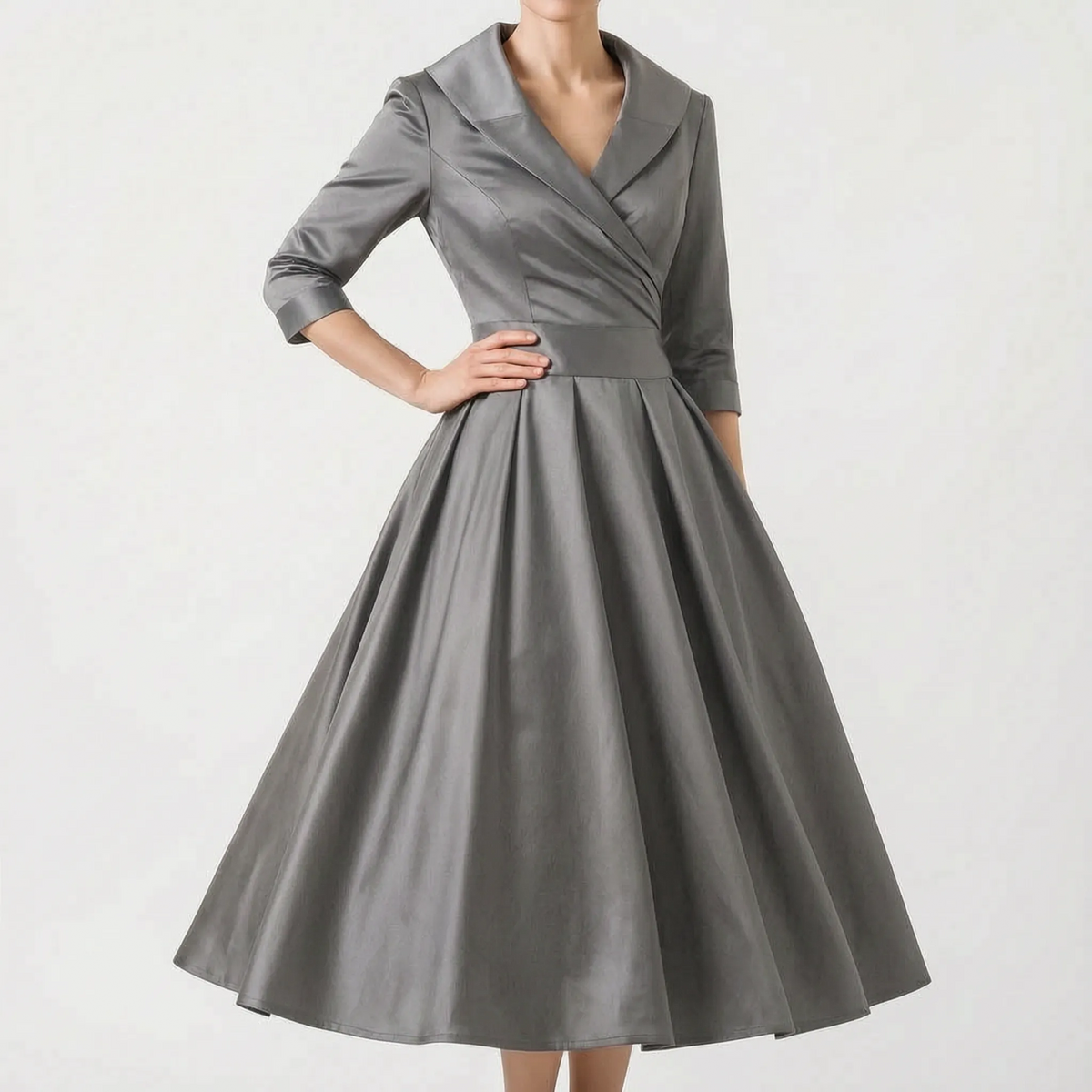 Women's wrap midi dress with V-neck collar, three-quarter sleeves and full pleated skirt