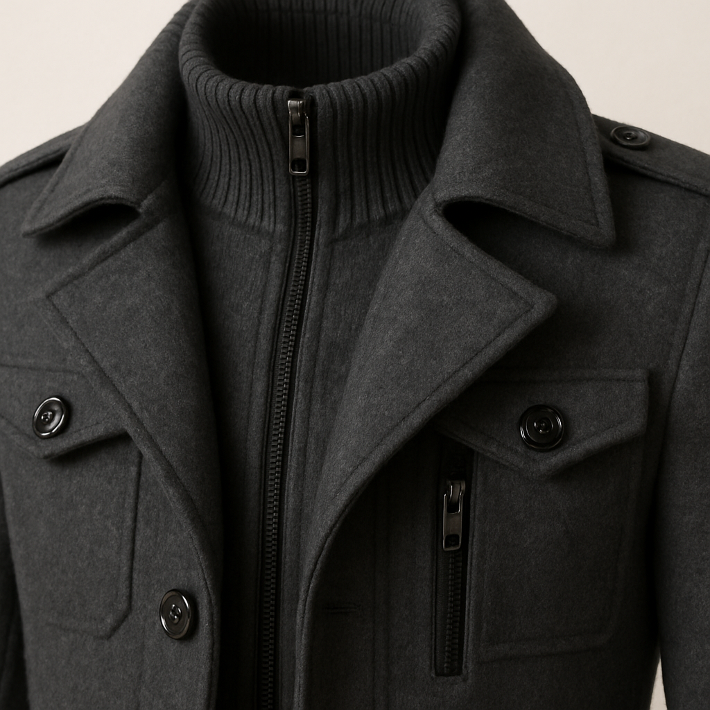 Men's textured long overcoat with high collar, lapels, button pockets and zip fastening