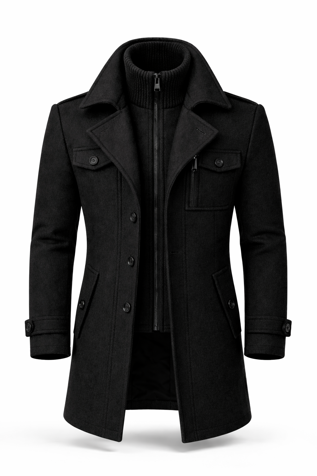 Men's textured long overcoat with high collar, lapels, button pockets and zip fastening