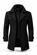 Men's textured long overcoat with high collar, lapels, button pockets and zip fastening