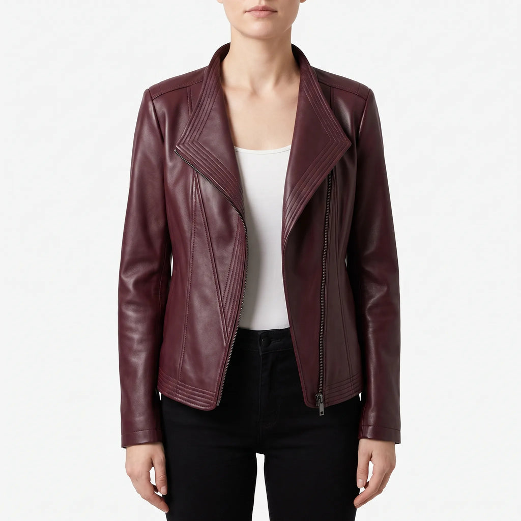 Zylena  - Asymmetric Zip Burgundy Biker Jacket Daily Urban Commutes