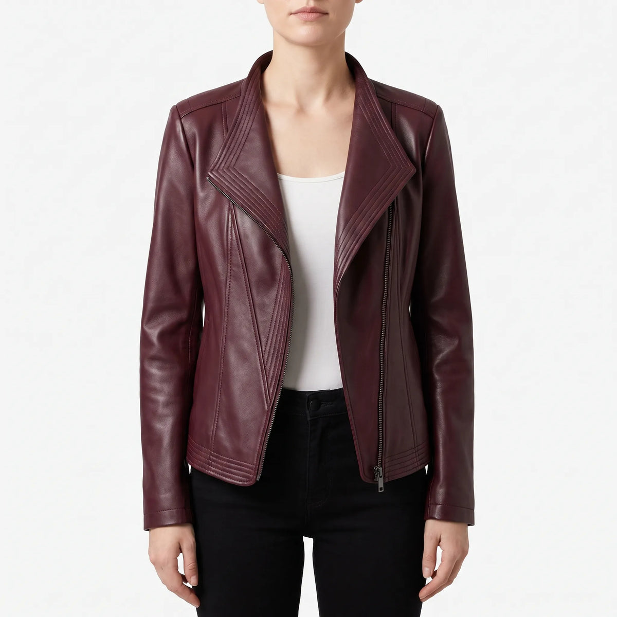 Zylena  - Asymmetric Zip Burgundy Biker Jacket Daily Urban Commutes