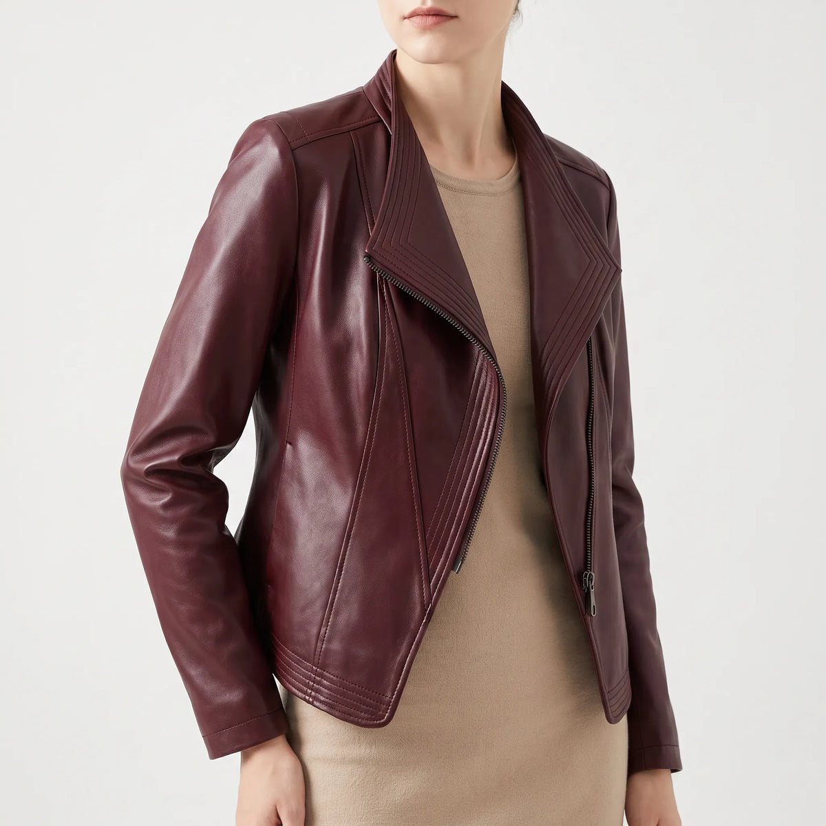 Zylena  - Asymmetric Zip Burgundy Biker Jacket Daily Urban Commutes