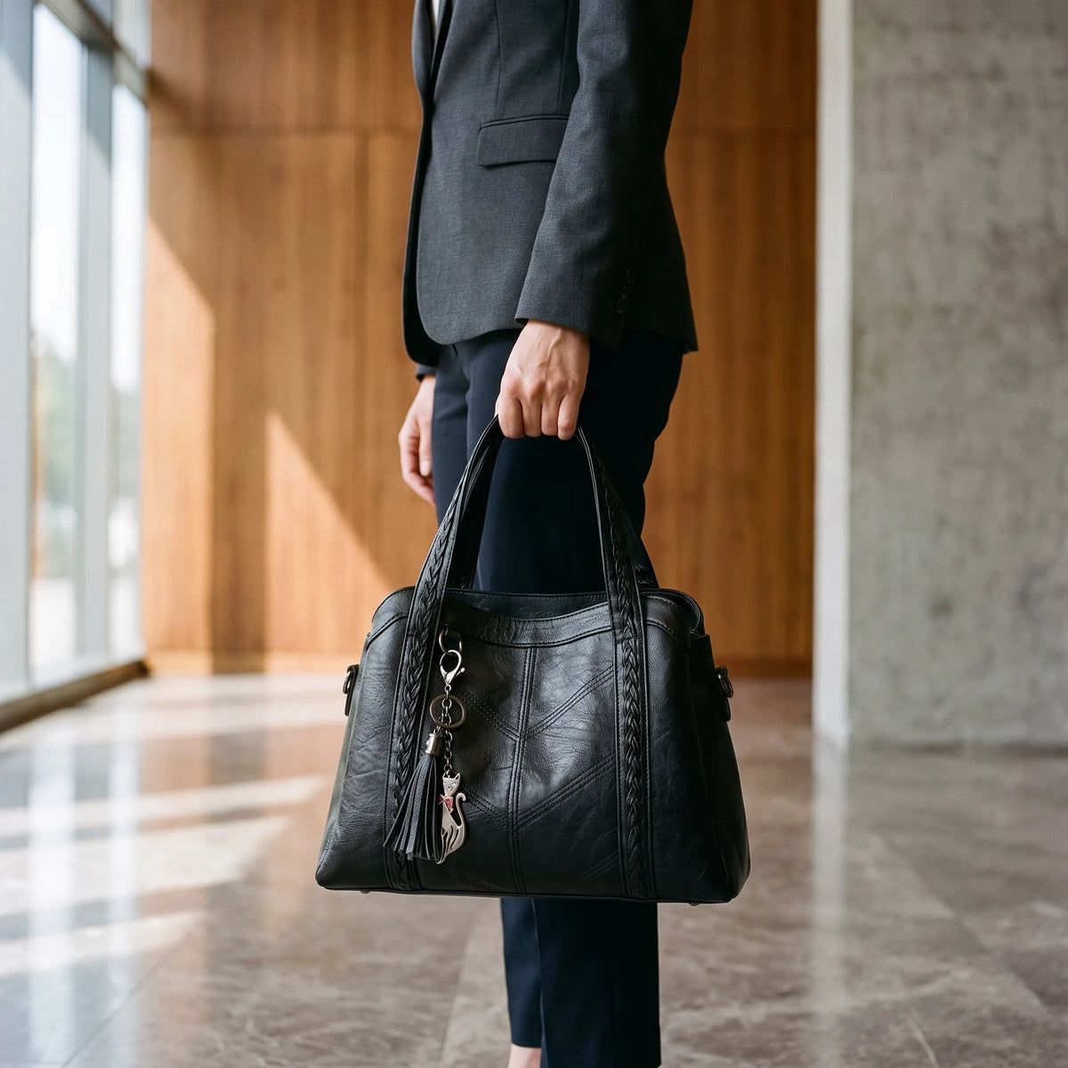Women's structured tote handbag with diamond-point stitching and top handles