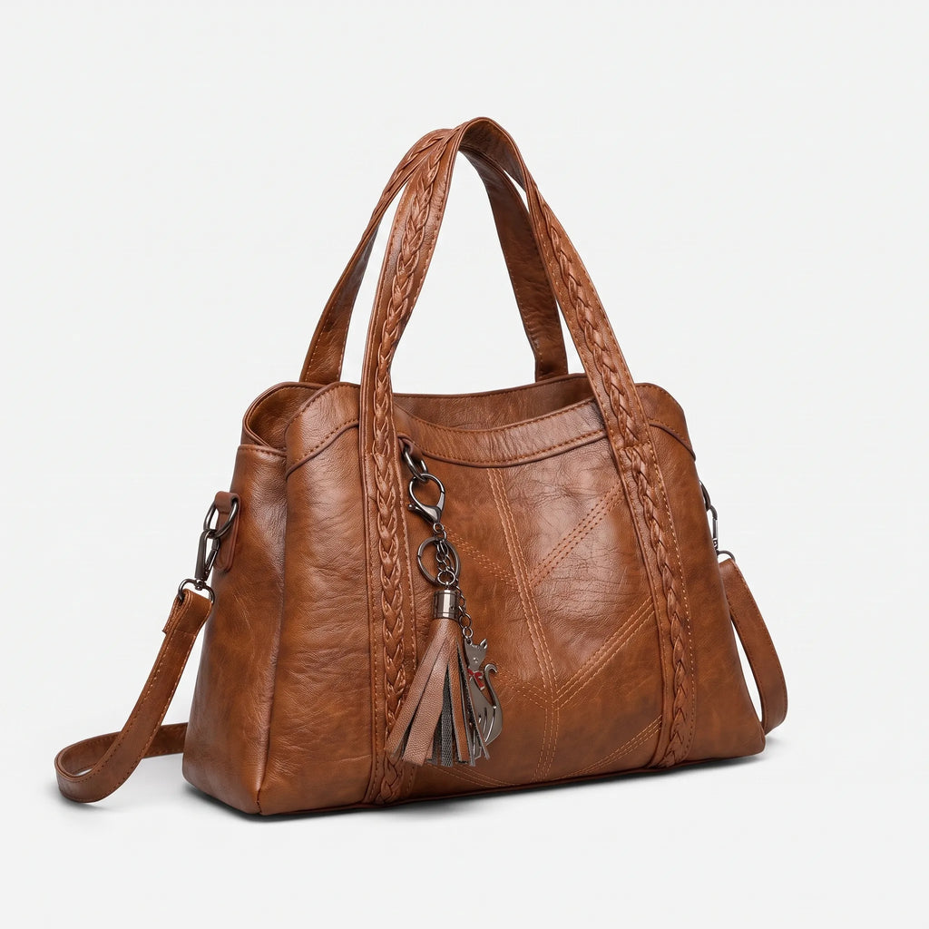 Women's structured tote handbag with diamond-point stitching and top handles