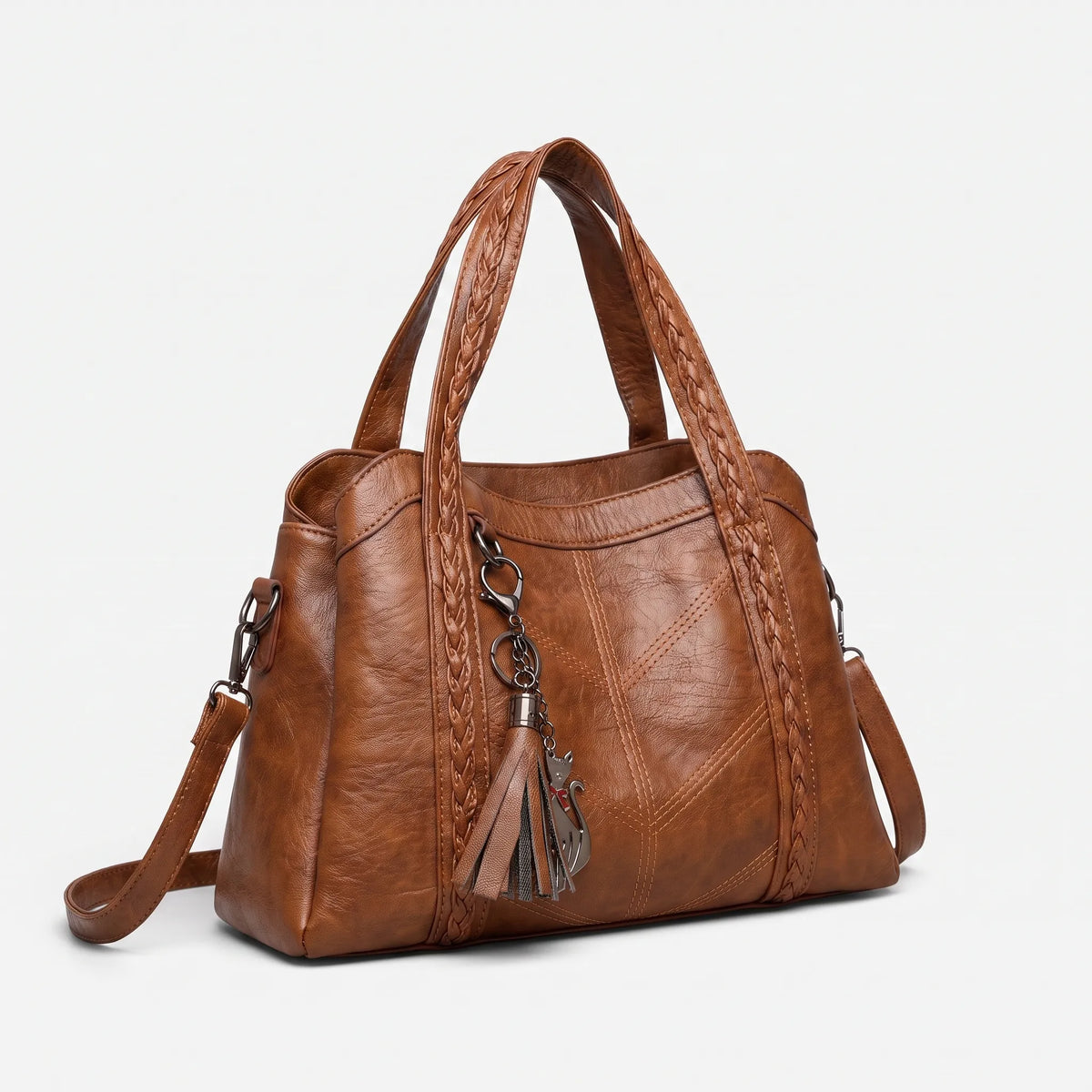 Women's structured tote handbag with diamond-point stitching and top handles