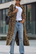 Women's longline leopard print coat with lapels and long sleeves