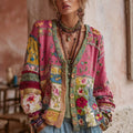 Women's pink floral patchwork cardigan with long sleeves and button front