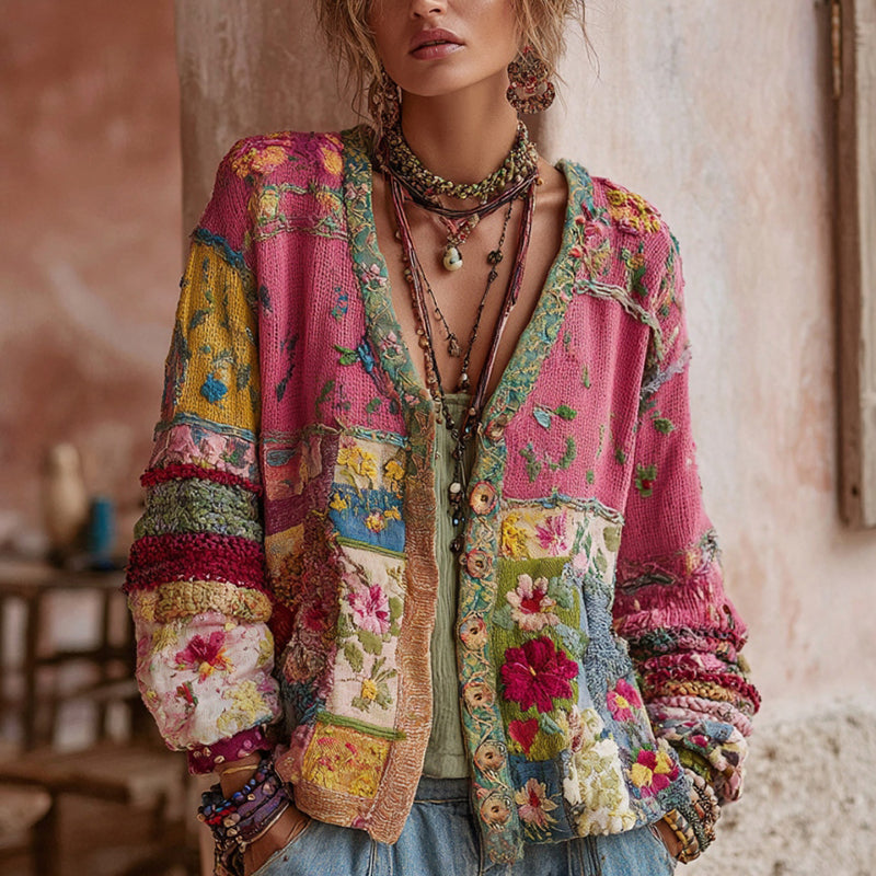 Women's pink floral patchwork cardigan with long sleeves and button front