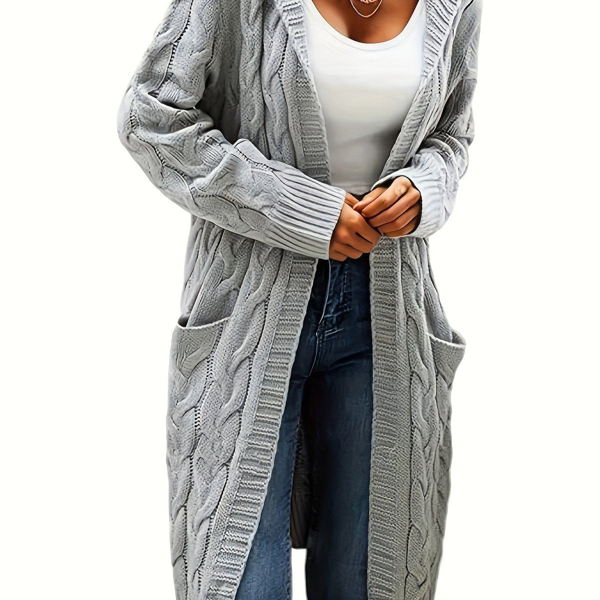 Women's long textured knit cardigan with open front, long sleeves and front pockets