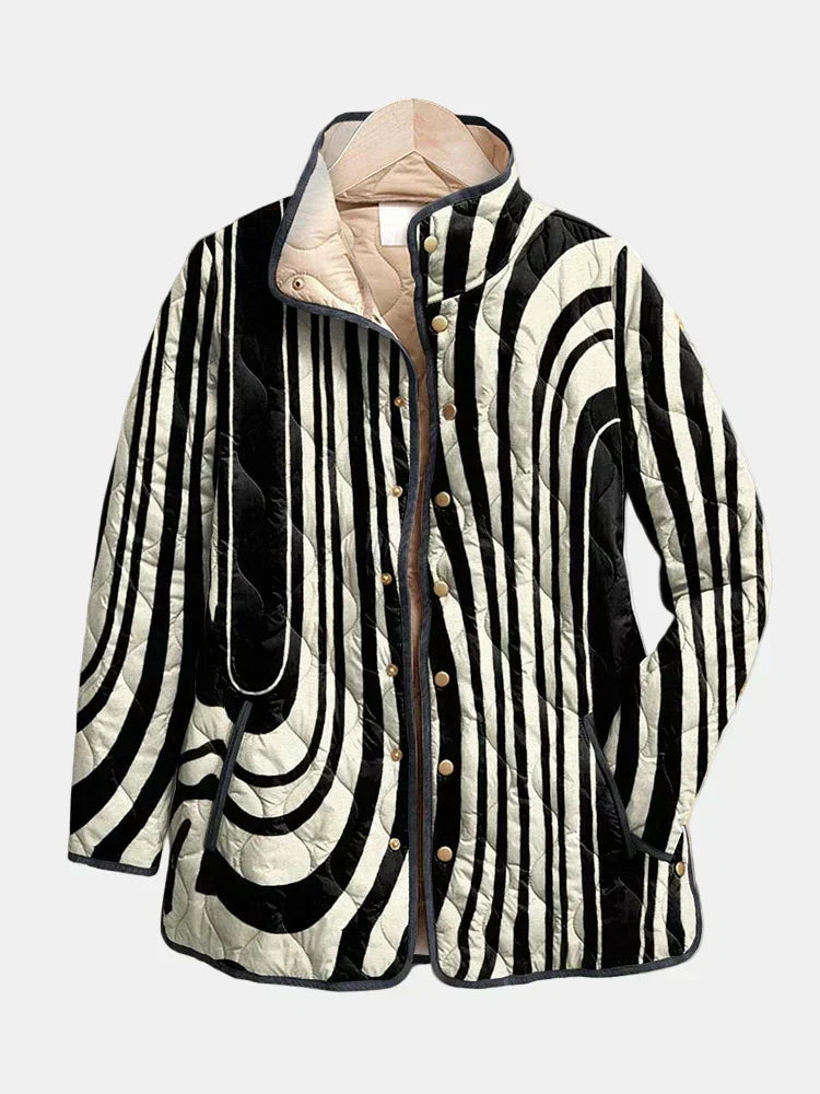 Women's quilted jacket with abstract black and light geometric pattern