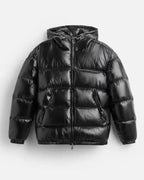 Men's hooded quilted puffer jacket with zip front and angled pockets