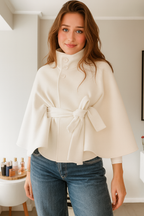 Women's belted cape coat with high collar, buttons and draped sleeves