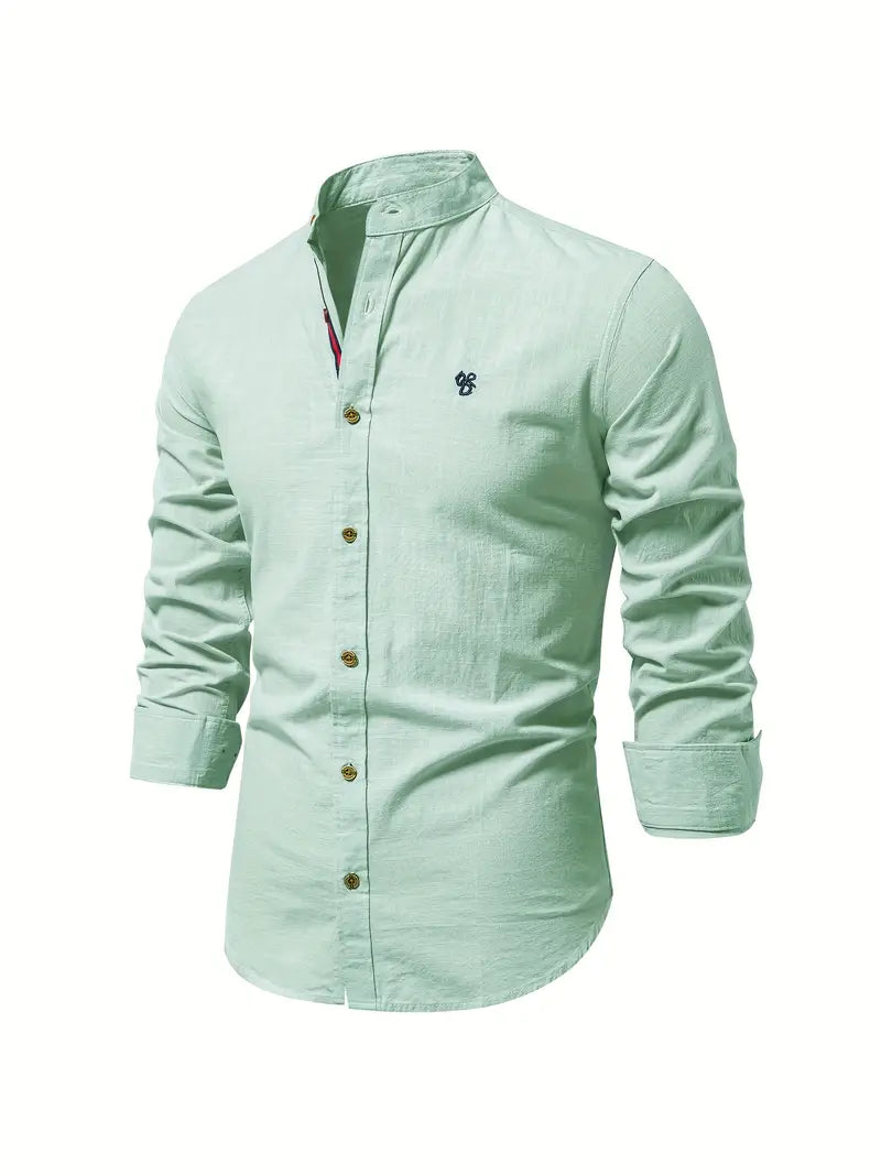Men's long-sleeve mandarin collar button shirt with curved hem