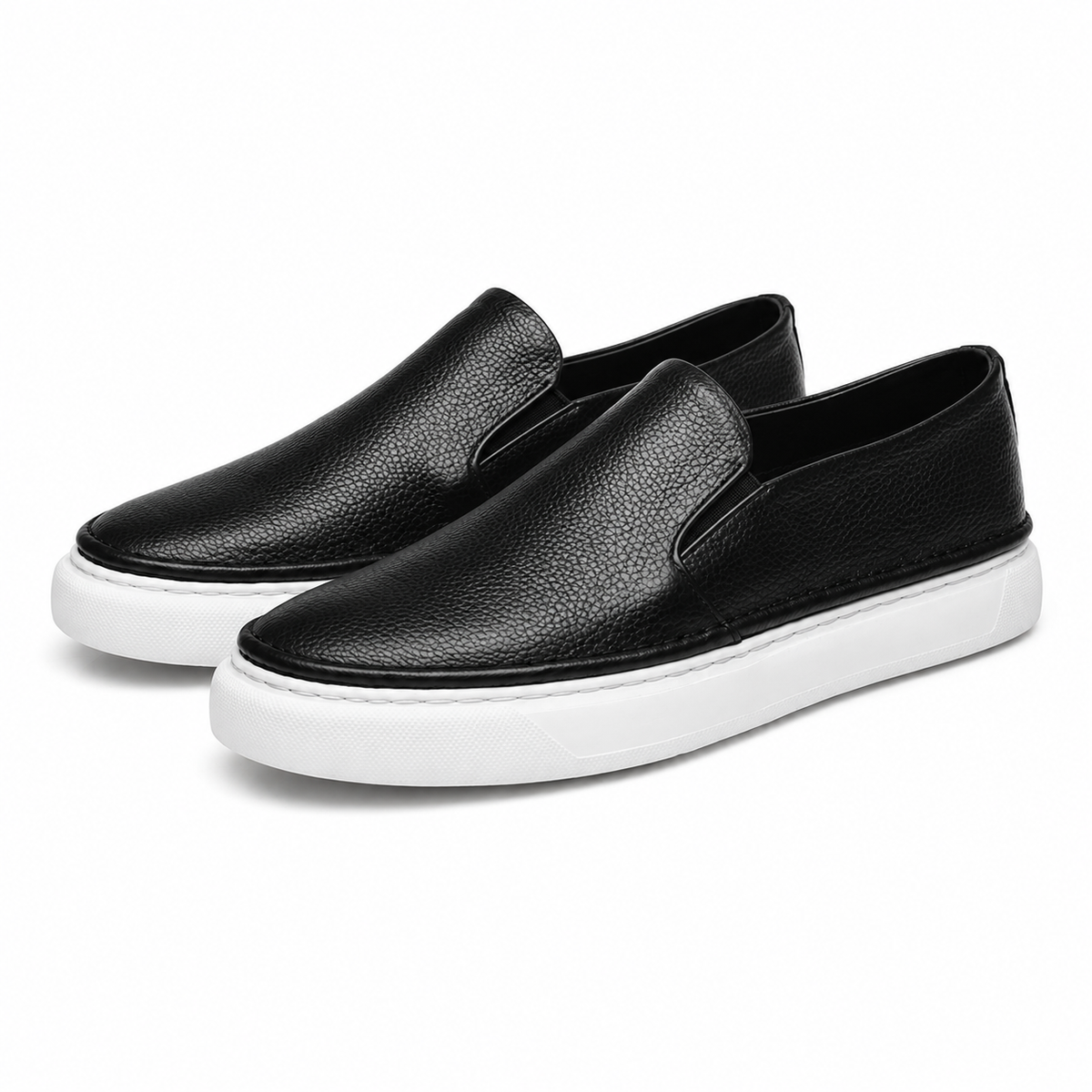 Textured slip-on loafers with rounded toes and flat contrasting soles