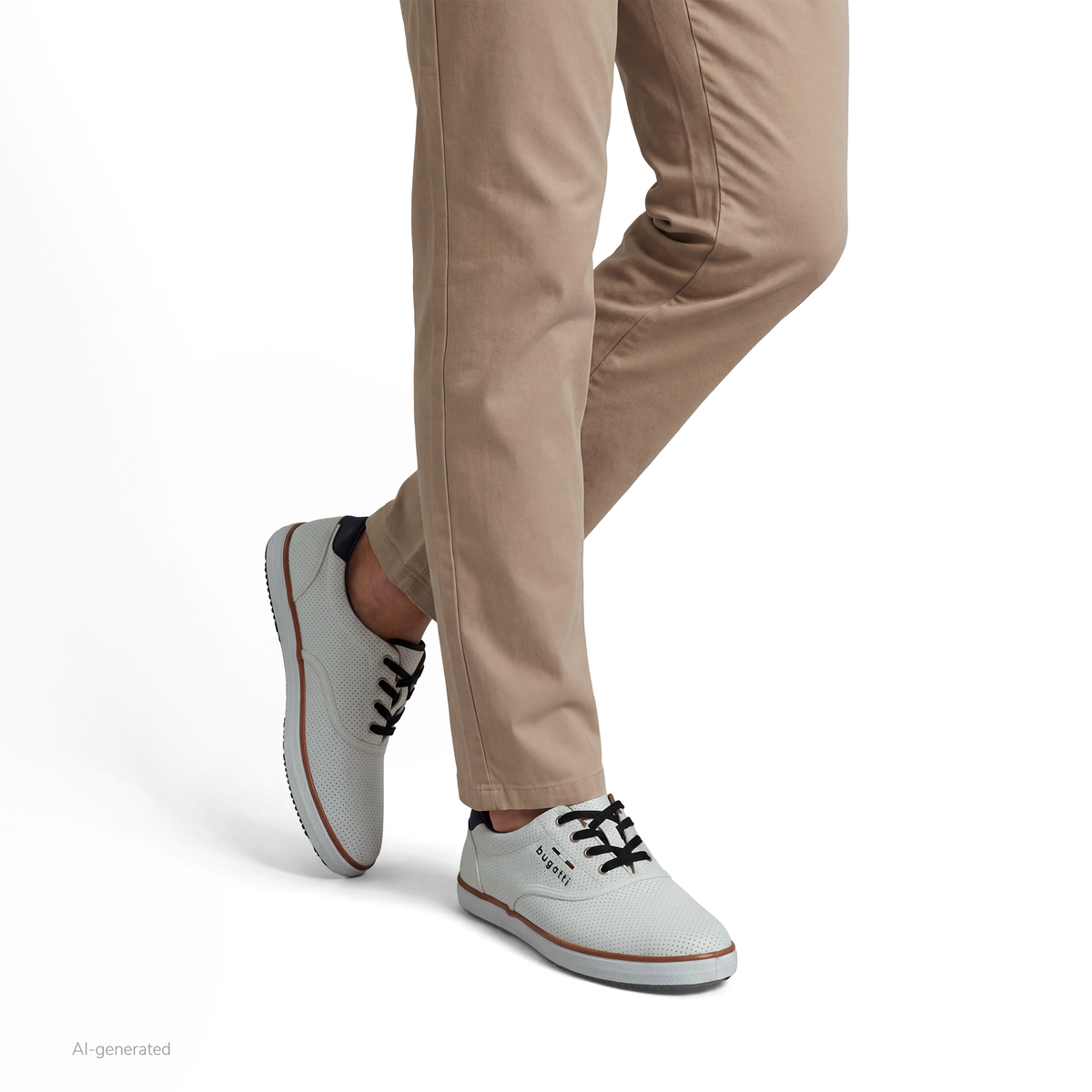 White perforated men's lace-up sneaker with black laces and brown trim