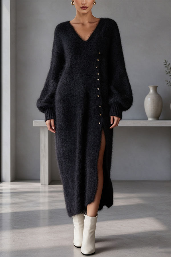 Women's plain knitted midi dress with V-neck, button front and balloon sleeves