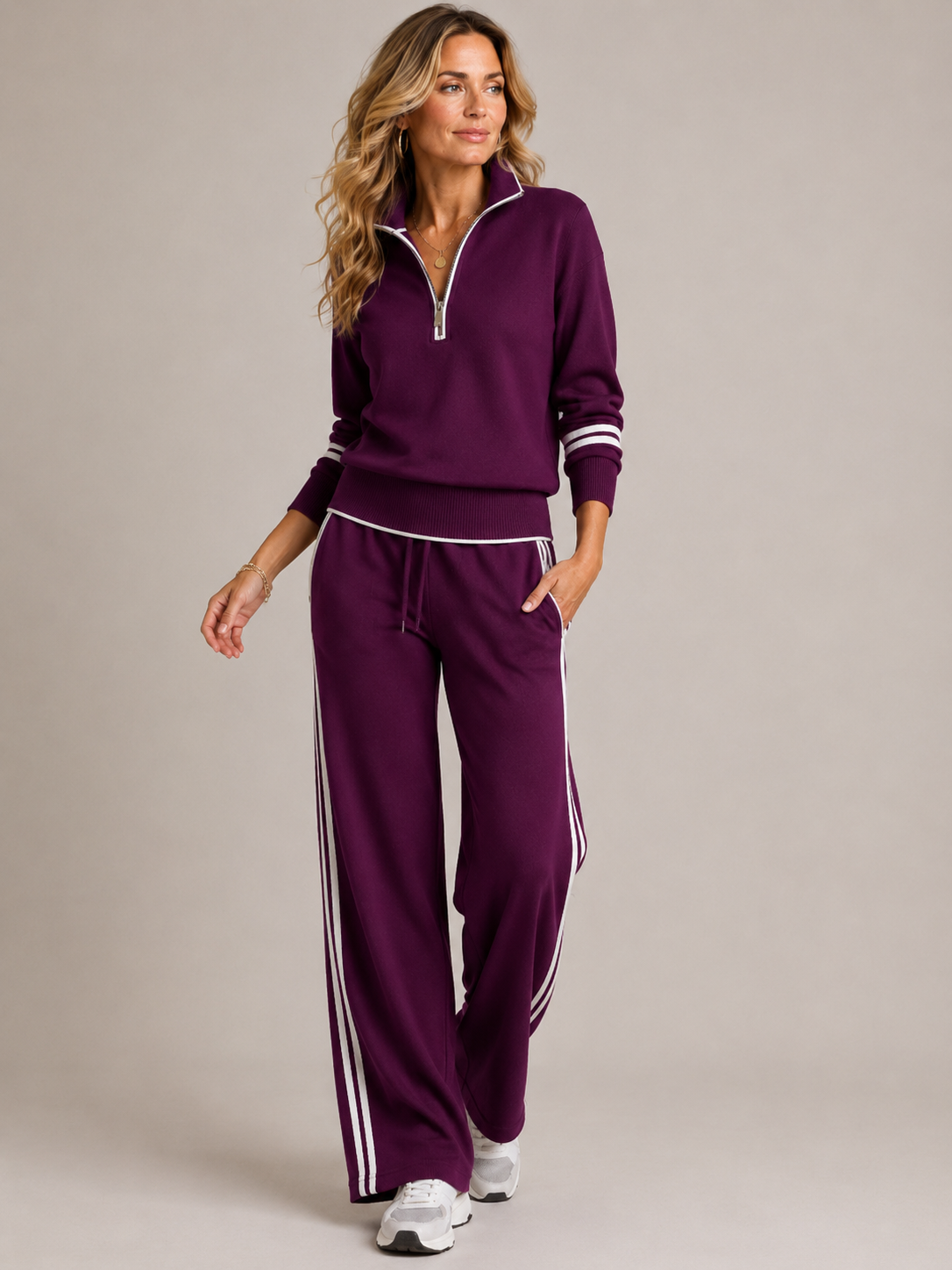 Women's zip sweater and wide-leg trousers set with striped trim