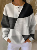 Women's geometric colour-block textured sweater with long sleeves and button placket