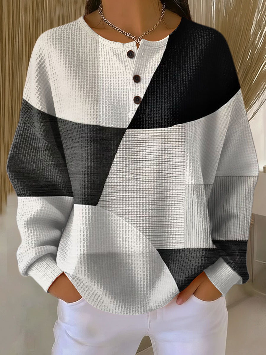 Women's geometric colour-block textured sweater with long sleeves and button placket