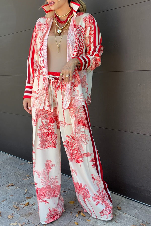 Women's red jungle print shirt and wide leg trousers set with striped detailing