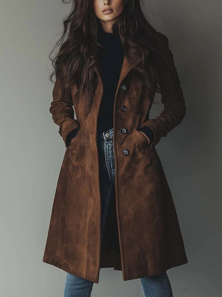 Women's long button-front coat with lapel collar and side pockets