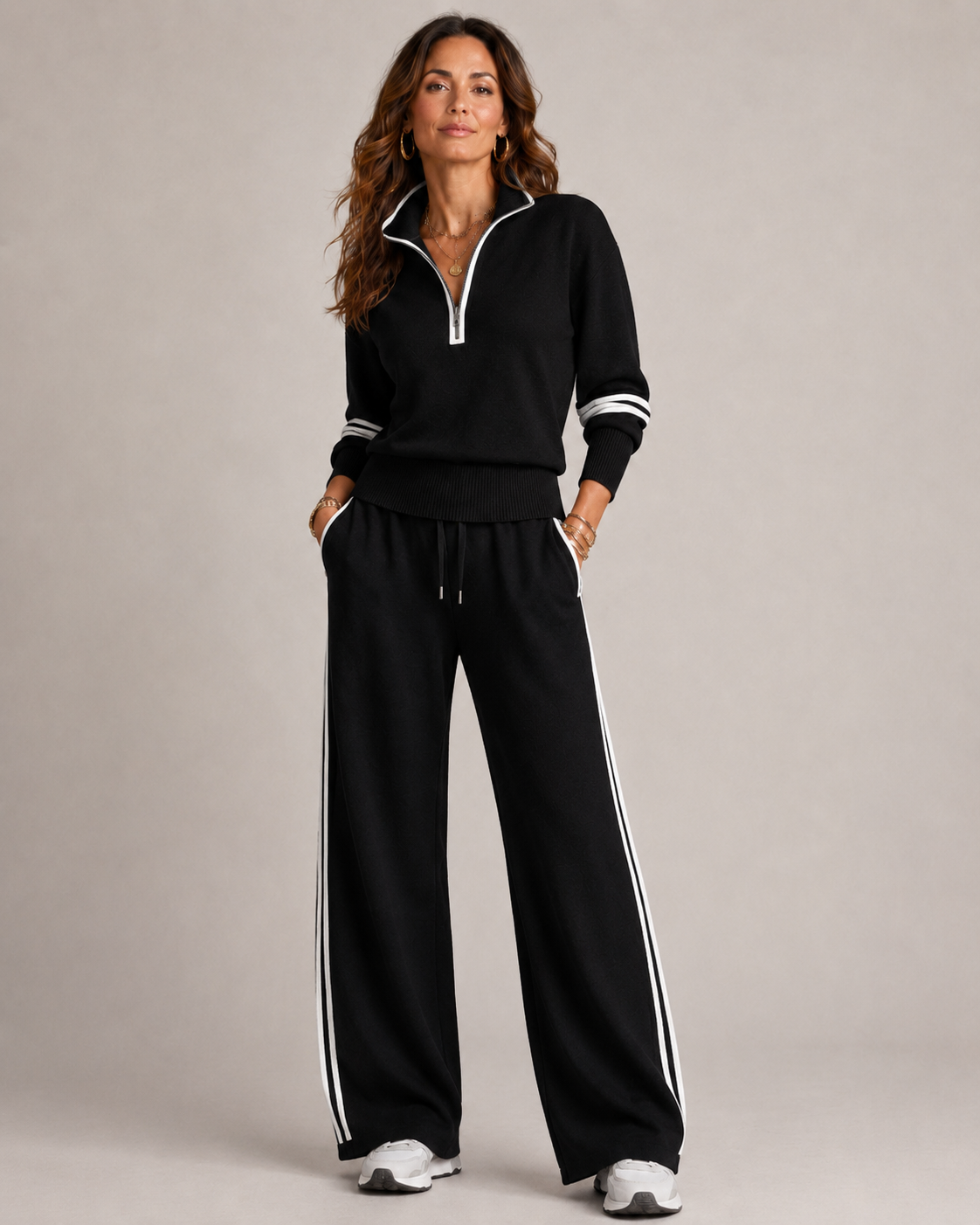 Women's zip sweater and wide-leg trousers set with striped trim