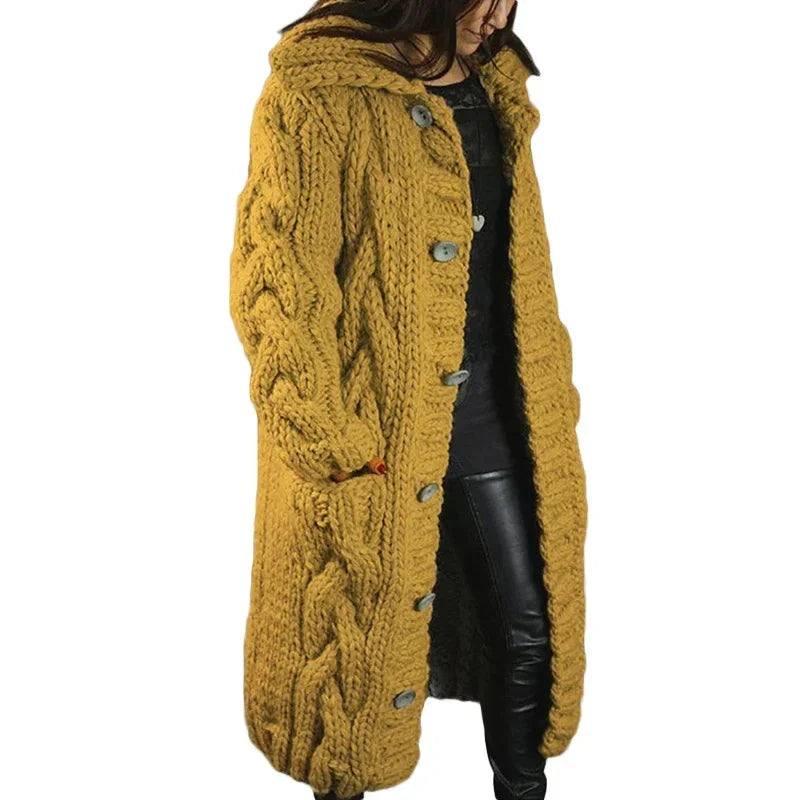 Women's longline cable knit hooded cardigan with button front