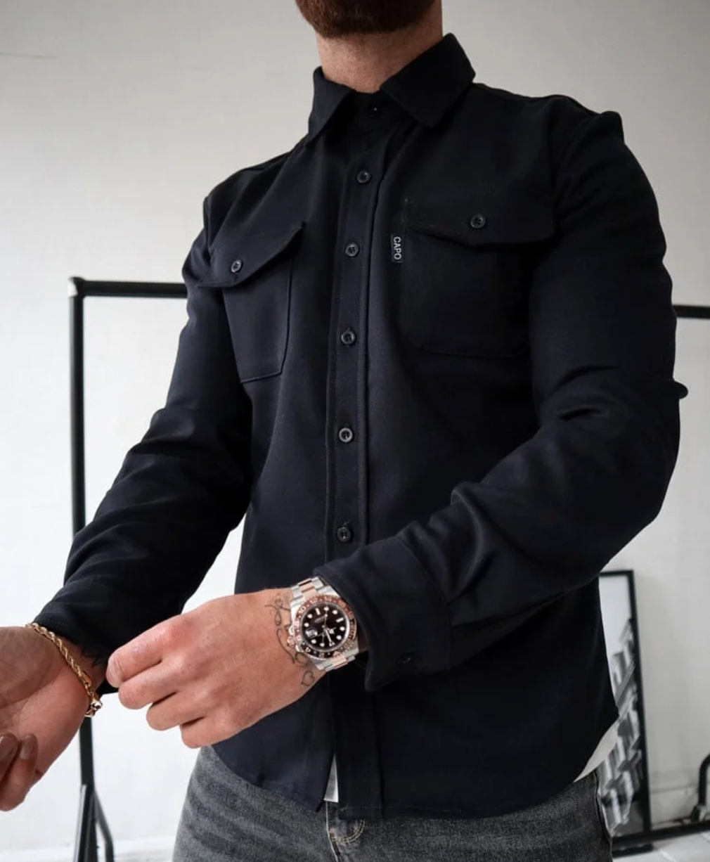 Men's long-sleeved button shirt jacket with two flap chest pockets