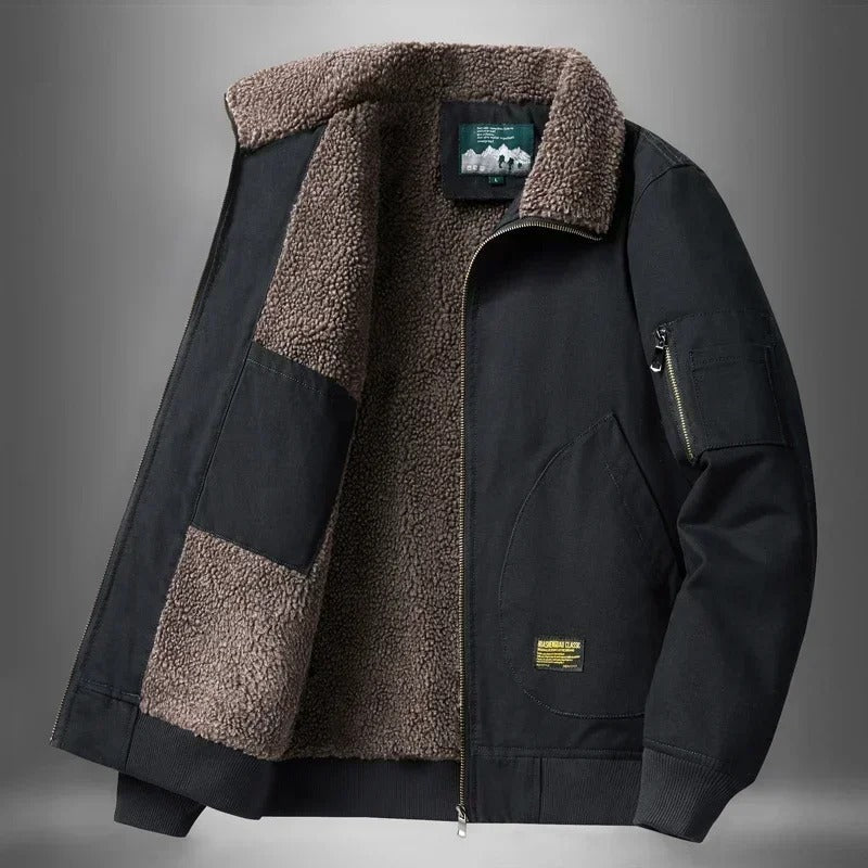 Men's sherpa-lined bomber jacket with zip front, ribbed trims and sleeve pocket
