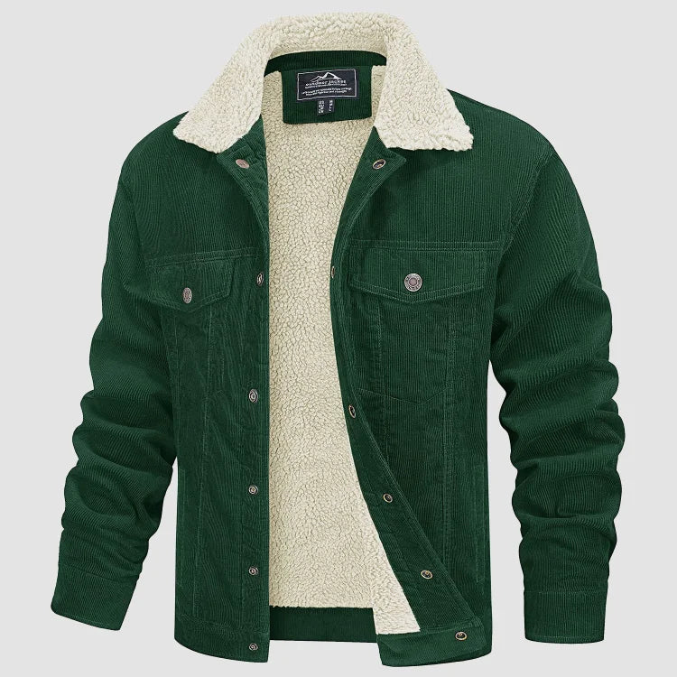 Men's corduroy-style jacket with sherpa-style collar, snap fastening and pockets