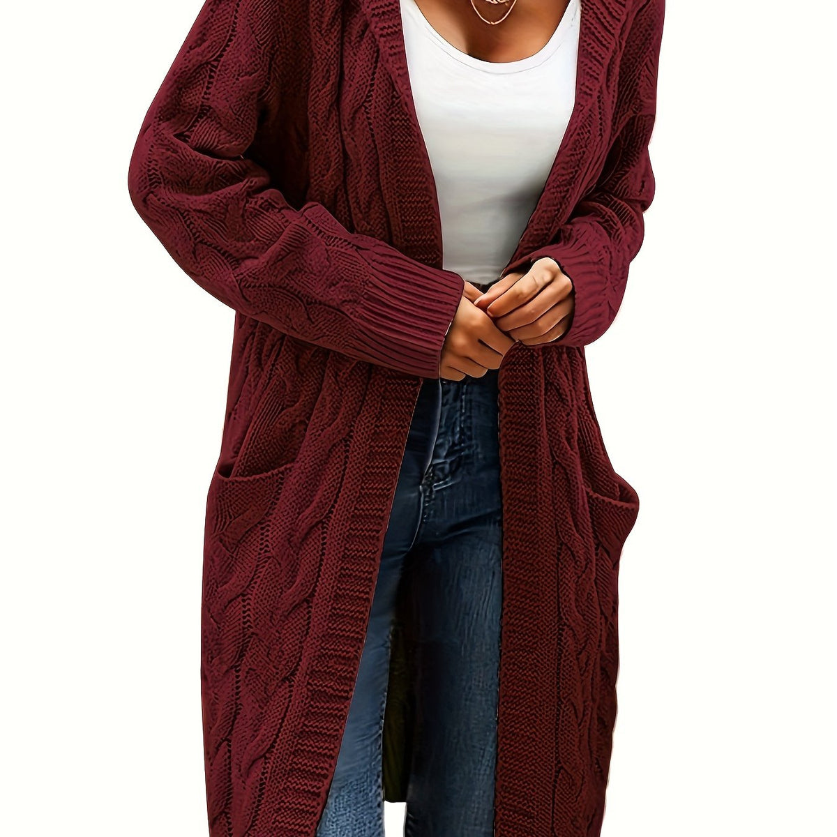 Women's long textured knit cardigan with open front, long sleeves and front pockets