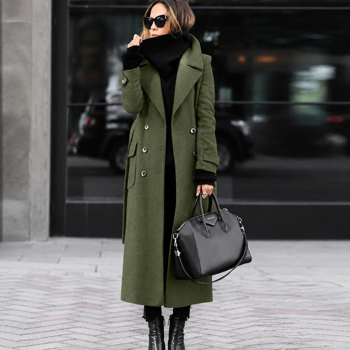 Women's long fitted double-breasted coat with notched lapels and buttoned cuffs