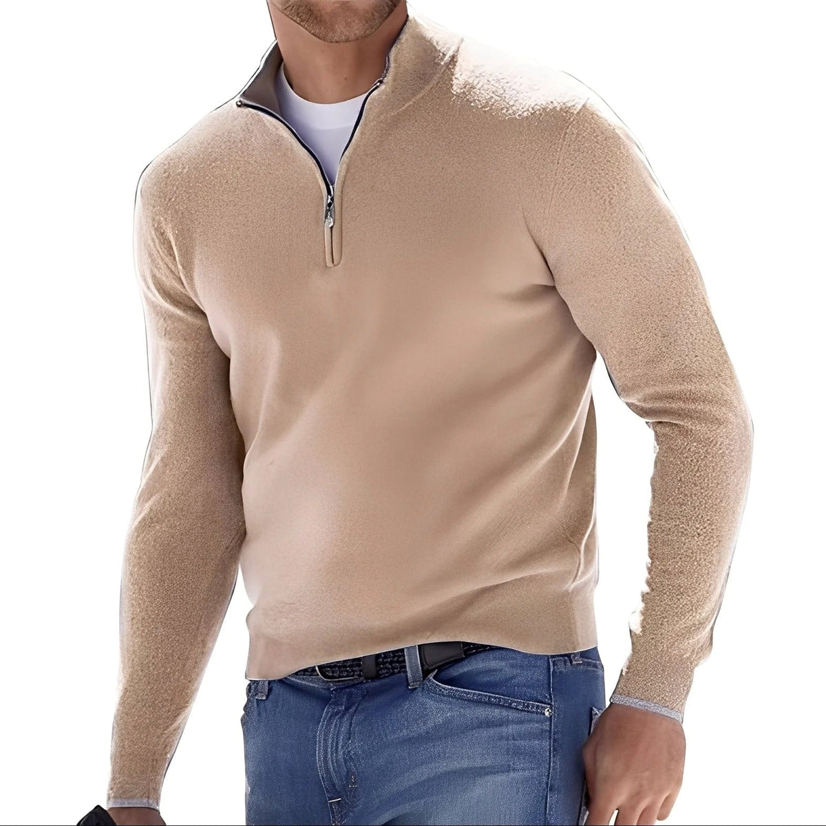 Men's plain long-sleeve half-zip jumper with mock neck and ribbed trims