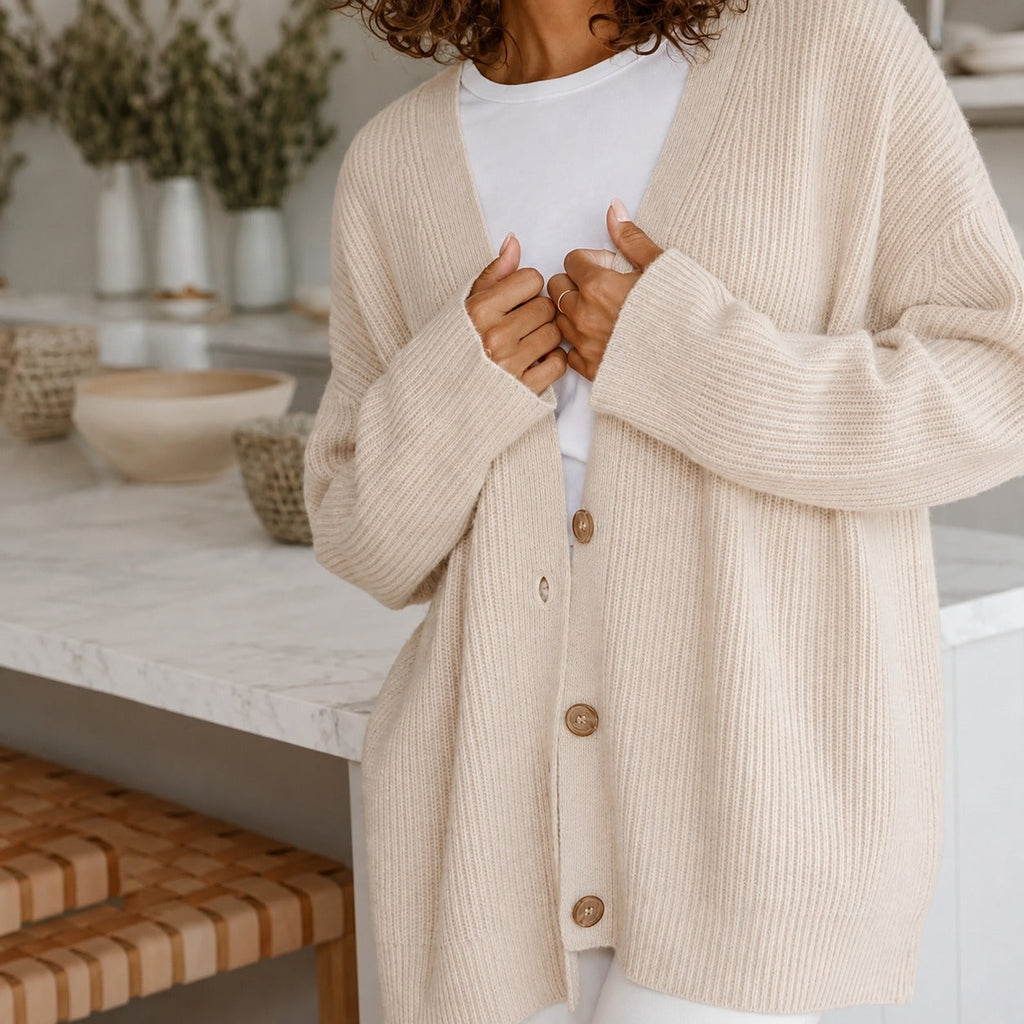 Women's oversized ribbed V-neck button cardigan with long sleeves