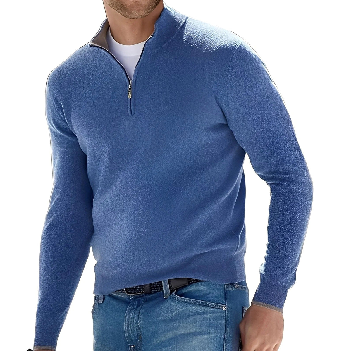 Men's plain long-sleeve half-zip jumper with mock neck and ribbed trims